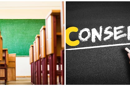 Empty classroom and desks, consent written on blackboard. Consent Image: Shutterstock 