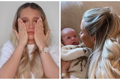 Left: Molly-Mae Hague talking on YouTube. Right: Molly-Mae and baby Bambi.