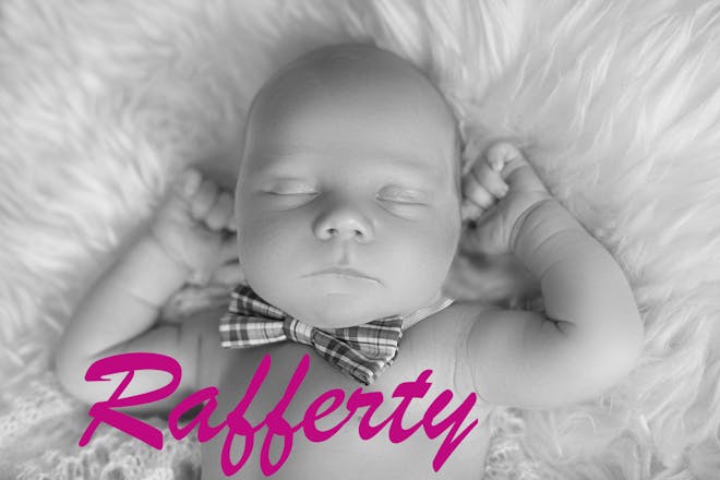 Sleeping baby wearing bowtie, text says Rafferty
