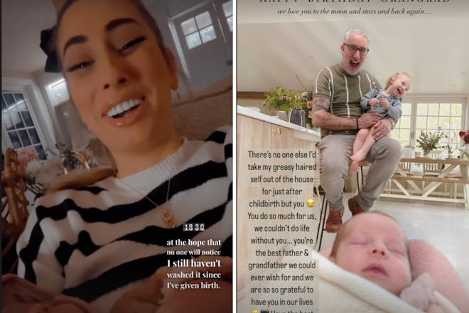 Stacey Solomon talking to camera sitting on sofa | Stacey Solomon's dad sits on stool in kitchen holding baby