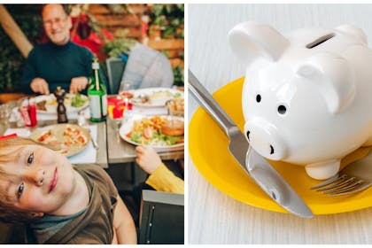 L: a dad and two children, boy and girl, enjoying a meal outR: a white piggy bank on a yellow plate with steel cutlery 
