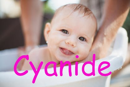 Baby in a bath. name Cyanide written in text