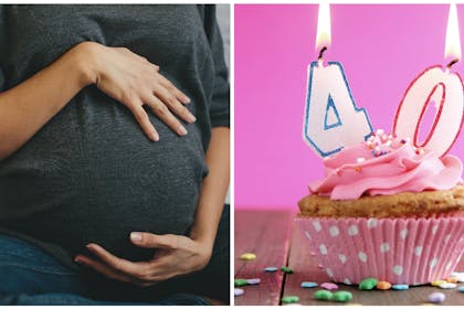 Woman's pregnant tummy and a cup cake with number 40 candles