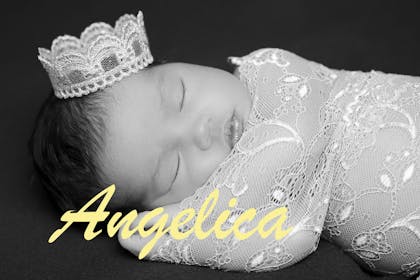 Sleeping baby wearing crown, text says Angelica