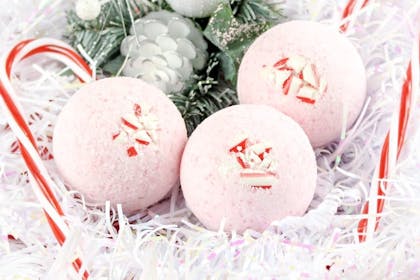 Pink Christmas bath bombs and candy canes