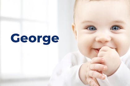 Baby chewing thumb. Name George written in text