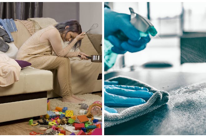 Left: Tired mum. Right: Woman cleaning