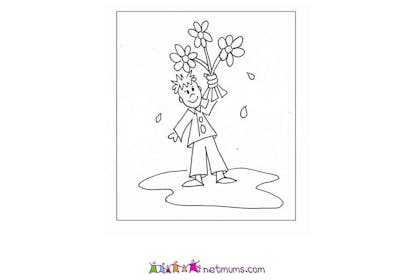 Colouring in drawing of man with flower bouquet