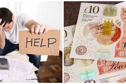 L: Man and woman surrounded by bills, man hold help signR: a pile of £10 notes