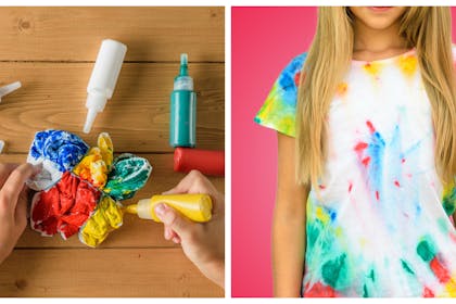 Two images. one showing child applying die to a scrunched up t-shirt, one showing young girl wearing the tie-dyed t-shirt