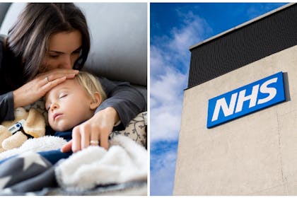 Mum kissing sick child who is wrapped in blankets | NHS sign on hospital building