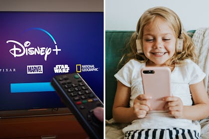 Disney+ and child watching TV on phone