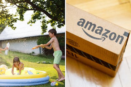 Children playing in garden / Amazon box