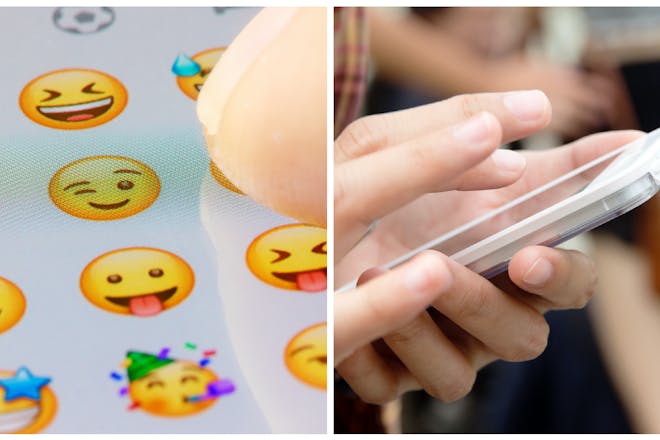 Left: Emojis. Right: Teen texting 