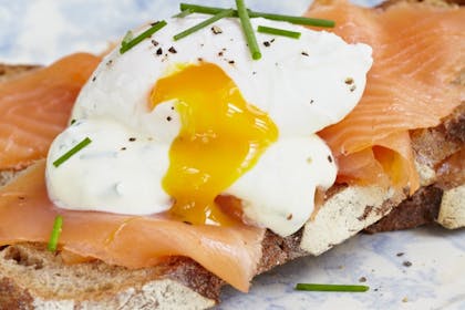 60. Smoked salmon and poached eggs on toast