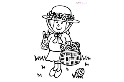 easter girl and basket colouring in picture