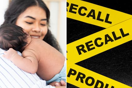 Baby asleep on mum's shoulder/product recall sign