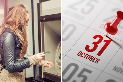 Woman using atm | calendar showing October 31