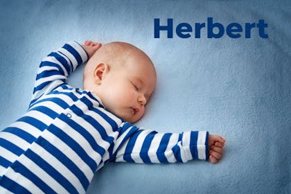 Baby in blue and white striped babygro sleeping on blue blanket. Name Herbert written in text