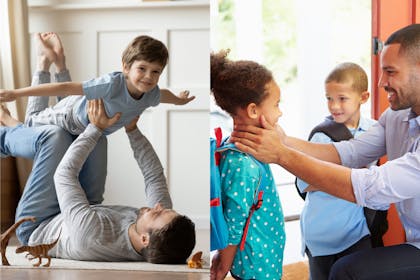 Dad playing with son, and father saying goodbye to children before school