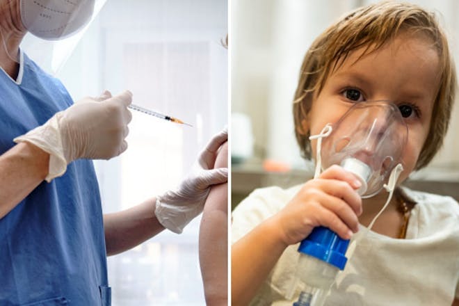 left: Covid vaccineRight: child with inhaler