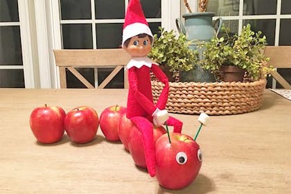 Elf on the sShelf sitting on a caterpillar made from apples