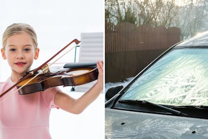 Girl playing instrument and frozen car