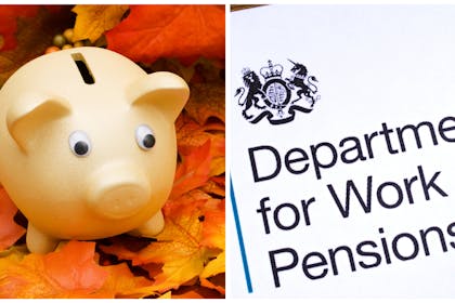 Left: piggy bank in autumn leavesRight: DWP letterhead