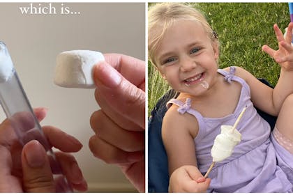 Tube with marshmallow in it | Young girl eating marshmallow on stick