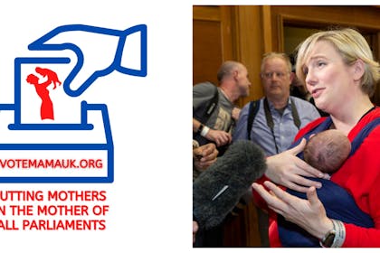 Vote Mama UK logo / Stella Creasy MP with baby