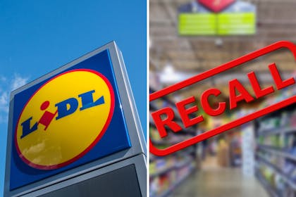 Lidl sign | recall stamp over background of supermarket shelves
