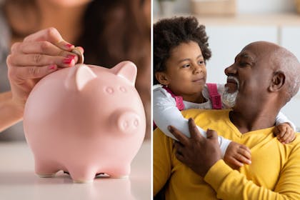 woman putting money in a piggy bank/grandad and daughter