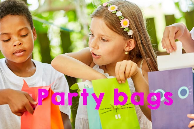 Children looking in party bags, text says Party bags