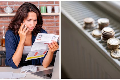 L:A woman holding a bill whilst in front of her computer and on the phoneR: pound coins on top of a radiator 