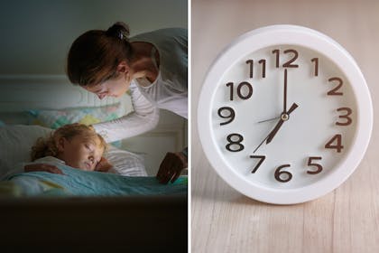 Mum tucking in child into bed, clock showing 7pm
