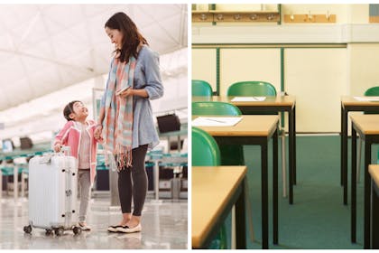 Mum and daughter in airport / classroom