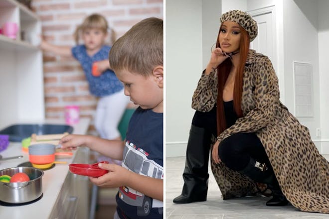 Left: Boy playing with toy kitchenRight: Woman