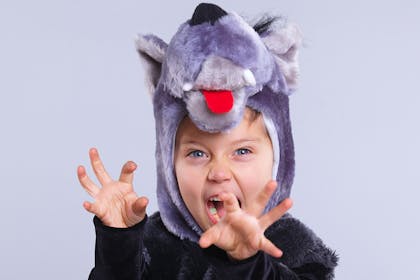 Young child roaring and dressed in a furry wolf costume