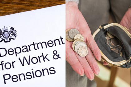 Department for Work & Pensions paperwork and pensioner holding coins and purse