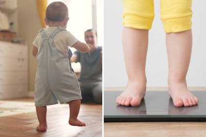 baby walking to father / young child on scales