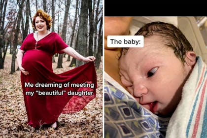 Left: Pregnant lady in red dressRight: newborn baby