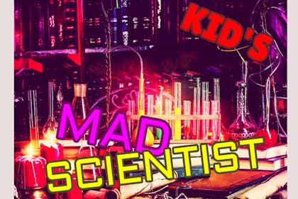 Colourful science laboratory, text says 'Kid's Mad Scvientist'