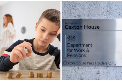 Left: rowing parents, boy counting coinsLeft: DWP headquarters
