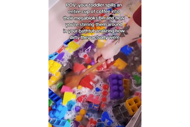 Building blocks being cleaned in a bath