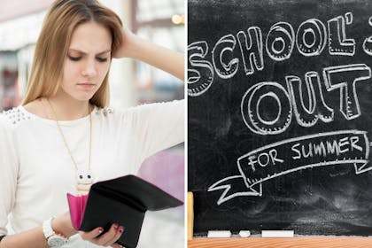 Woman looking in purse / School's out for summer sign