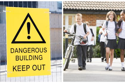 Left: dangerous building signRight: group of school children