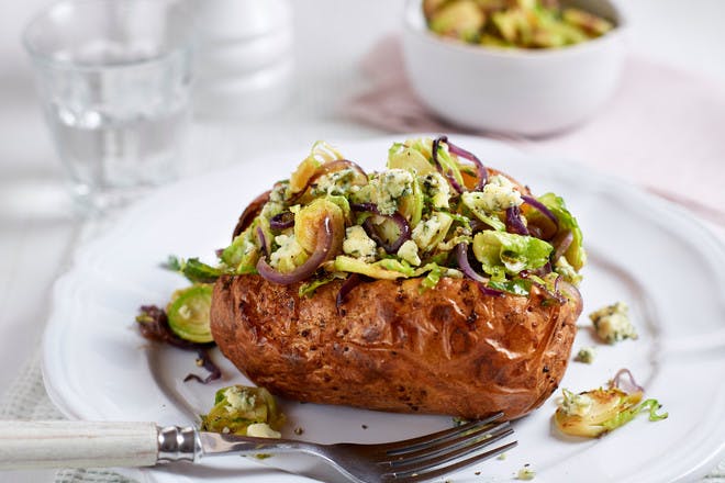Christmas leftovers jacket potato, with sprouts and Stilton