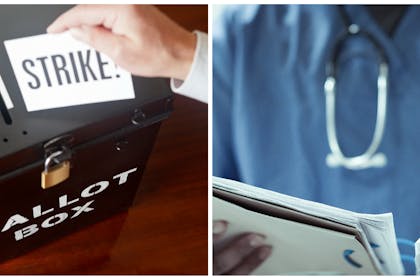 Left, a ballot box with a strike card being placed in it, right, a medical professional looking at notes 