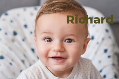 Baby in high chair. Name Richard written in text