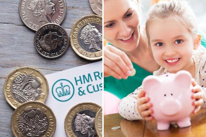 Left: HMRC headed paper and moneyRight: woman and child with piggy bank